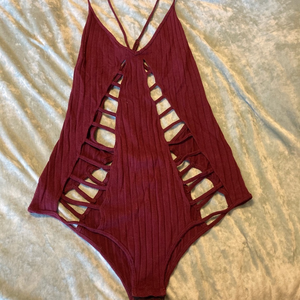 Wine red cutout thong bodysuit